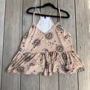 Y2K 90s Papaya Celestial Print Tank Top w/ Peplum Ruffle Hem Sun Moon Stars L